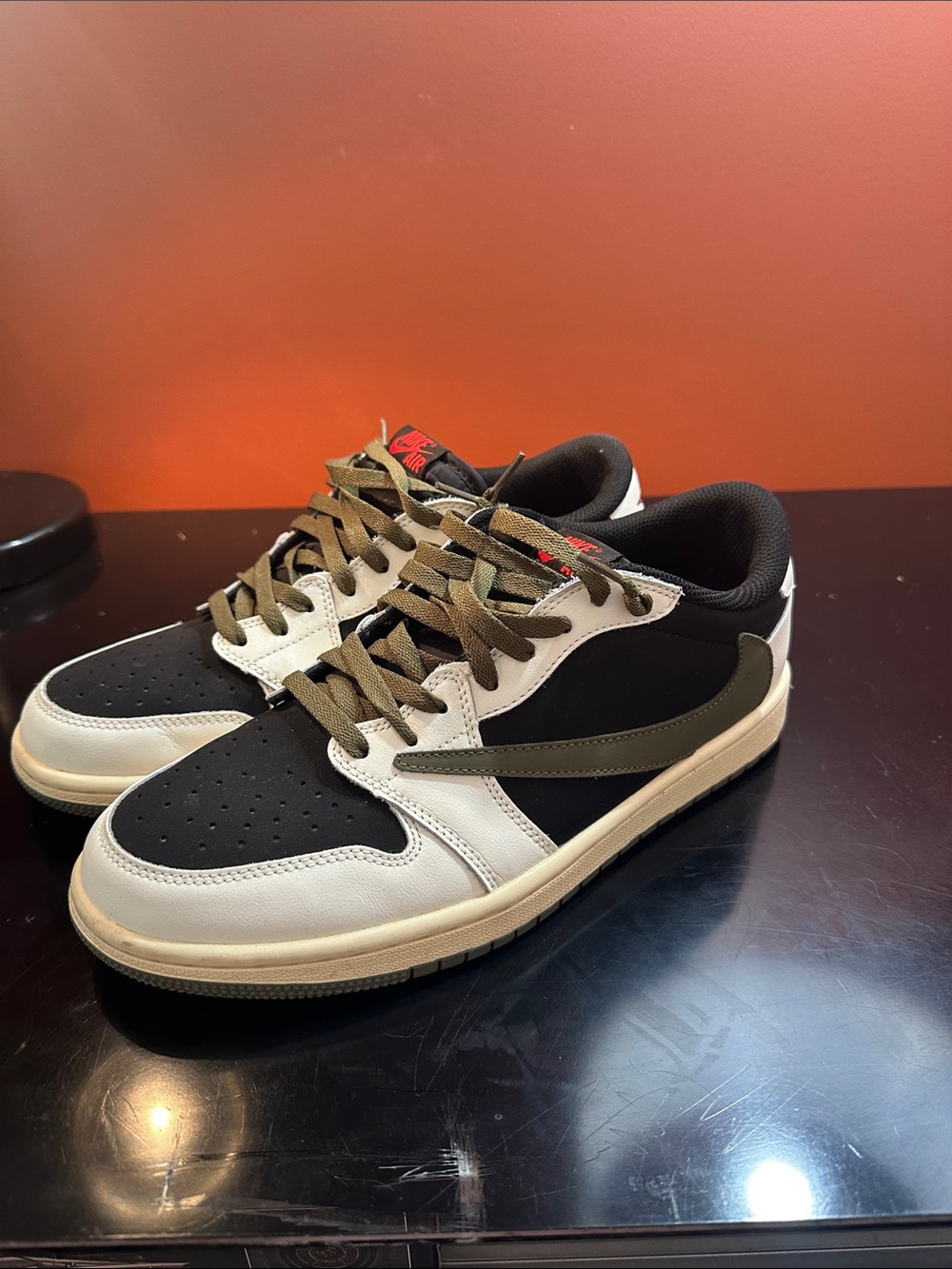 Men's Black and White Low-Top Sneakers with Olive Accents